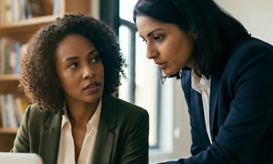 Two female officer workers review open invoices for lab tests at computer.