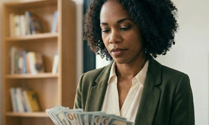 Female officer work counts money in order to pay medical bill.