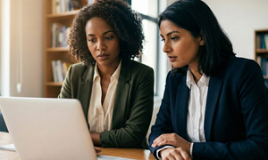 Corporate executives look at a laptop in distress over medical billing issues.