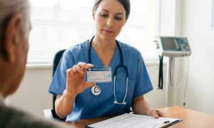 Nurse holds patient's insurance card to provide accurate information for testing.