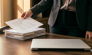 Stack of papers with medical insurance denials sit on top of a desk.