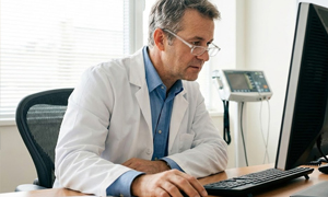 Male physician sits in his office, reviewing patient lab results at his computer.