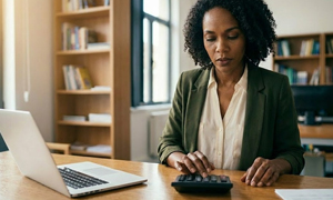 A female officer worker sits at desk with calculator looking over medical invoices.